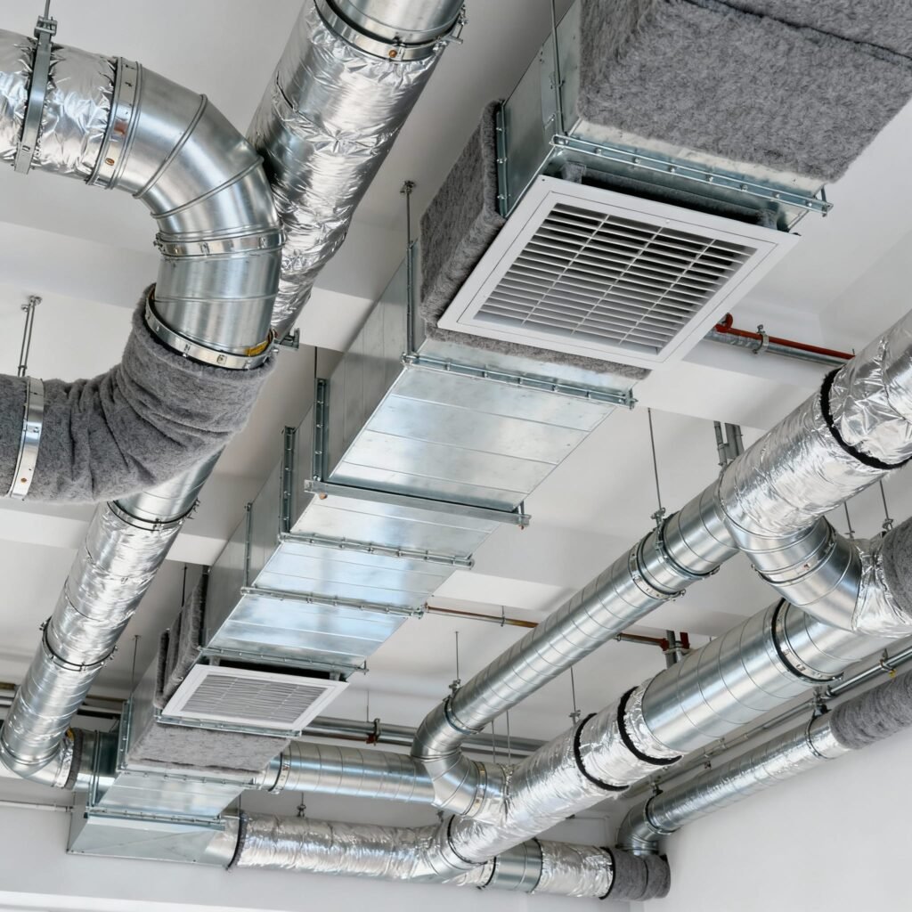 شبكة دكتات تكييف من صاج مجلفن مع دكت حلزوني وصندوق بلينم وجريل توزيع هواء