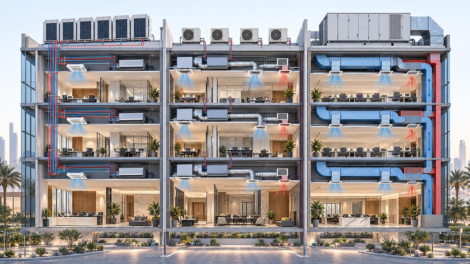 مقارنة بين VRF والتكييف المخفي وRooftop Package للمشروع
