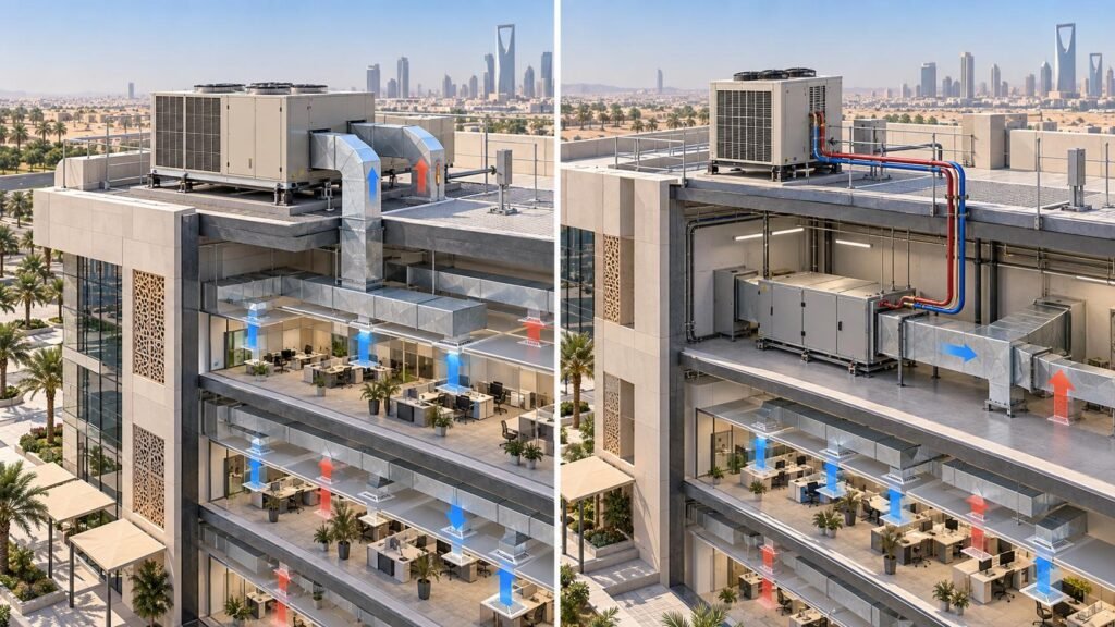 مقارنة بين Rooftop Package ونظام DX مع AHU في مشروع تكييف مركزي