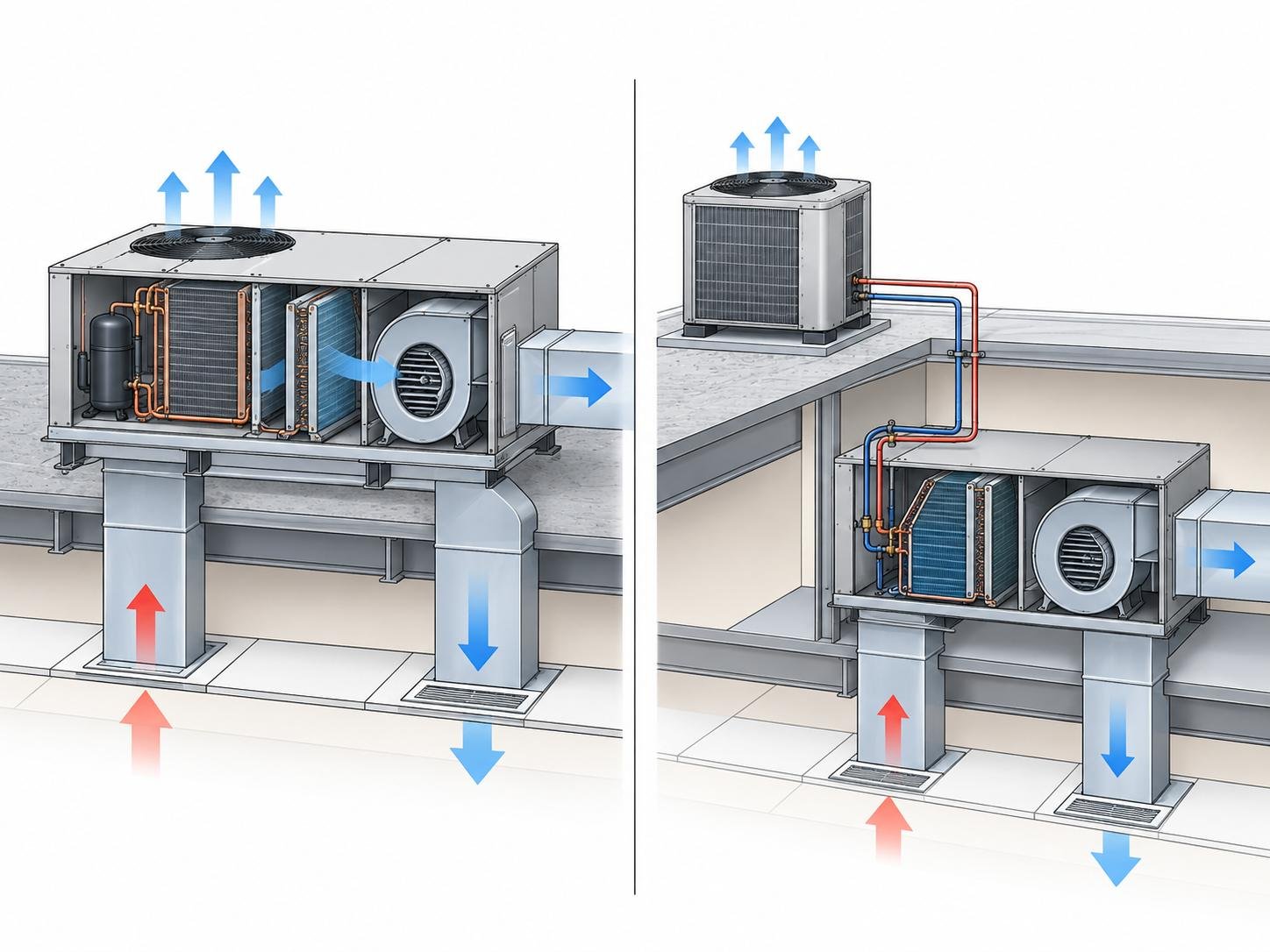 الفرق في توزيع مكونات Rooftop Package وSplit DX مع AHU